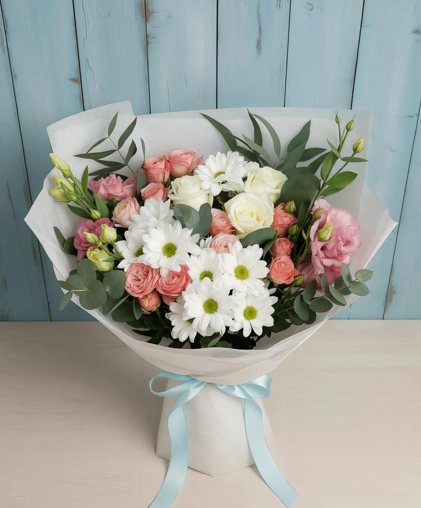 Букет цветов из: Розы, Лизиантусы и Хризантемы в Подгорном