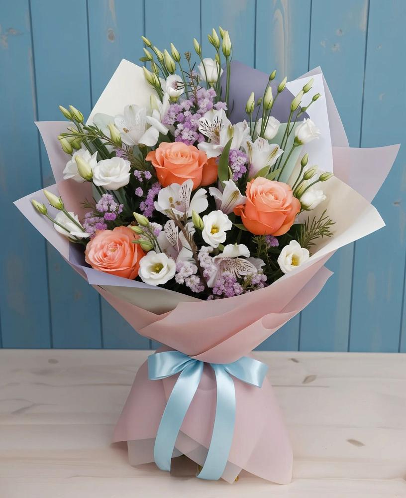 Букет цветов из: Лизиантусы, Розы, Альстромерии и Гипсофила в Подгорном