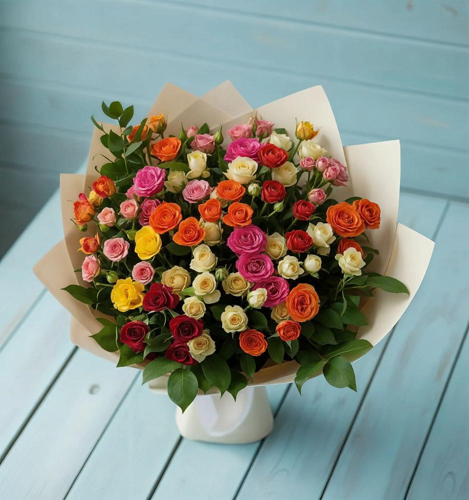 Букет Микс из разноцветных кустовых роз в Подгорном