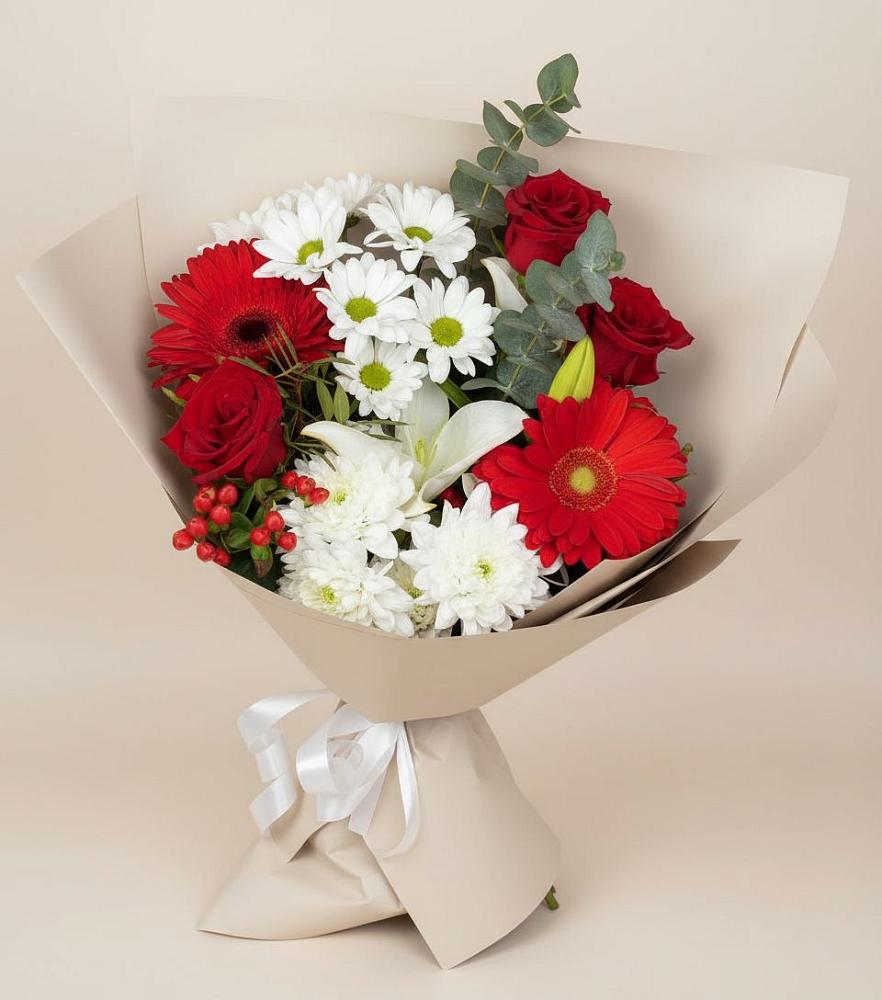 Букет цветов из: Розы, Хризантемы, Герберы и Лилии в Подгорном