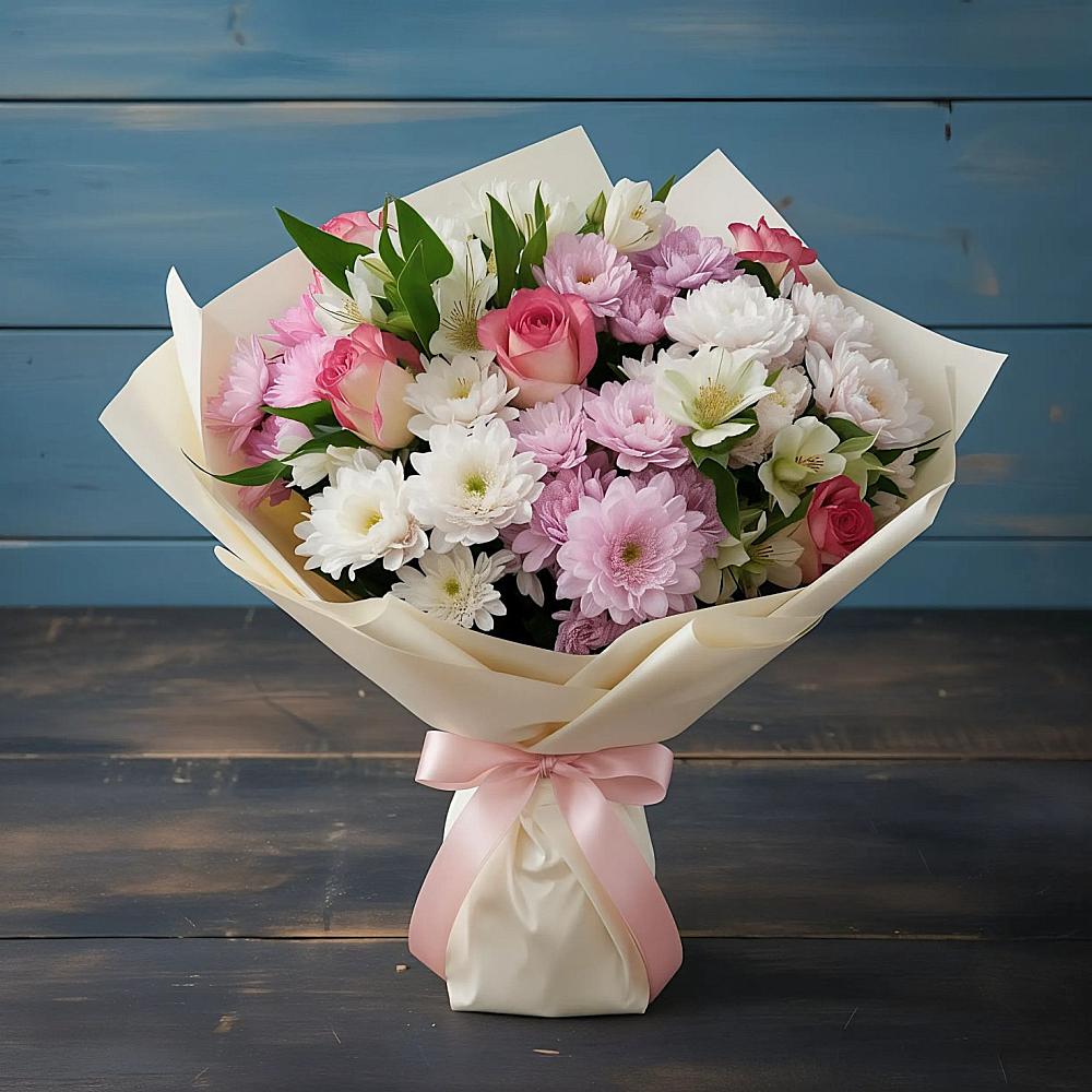 Букет цветов из: Хризантемы, Альстромерии и Розы в Подгорном